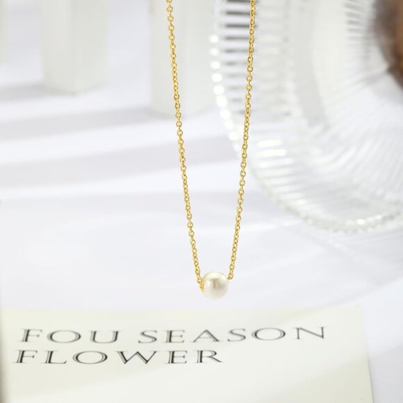 Women's 1 Gold Pearl Necklace 14k Gold Plated Dainty Pearl Necklace Choker - Picture 6 of 7